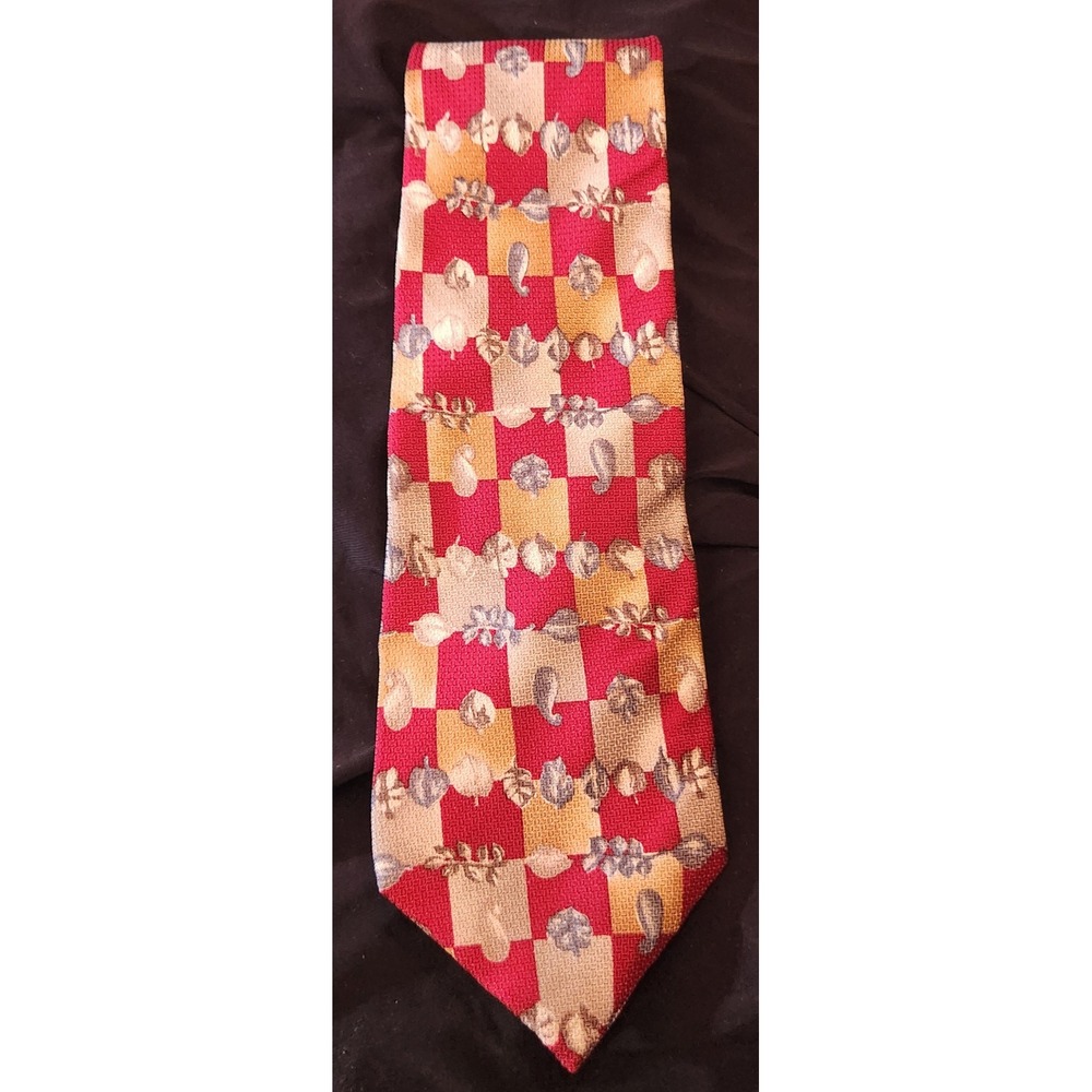 Preswick & Moore Tie Mens OS Red Gold Silk Excellent Leaf Paisley Dark Academia